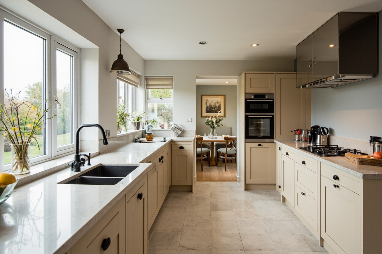 Photoreal British kitchen suited to replace versus refurbish comparison
