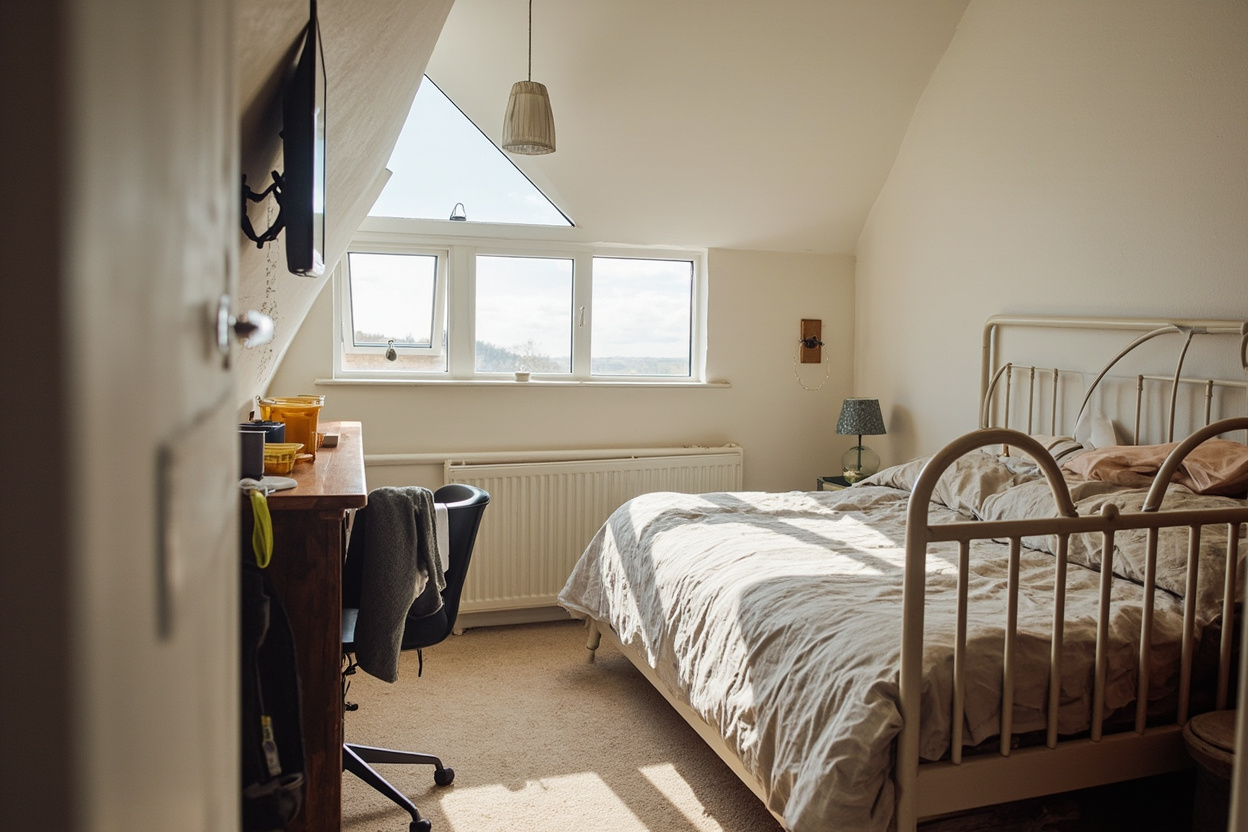 Photoreal converted loft bedroom in a British home
