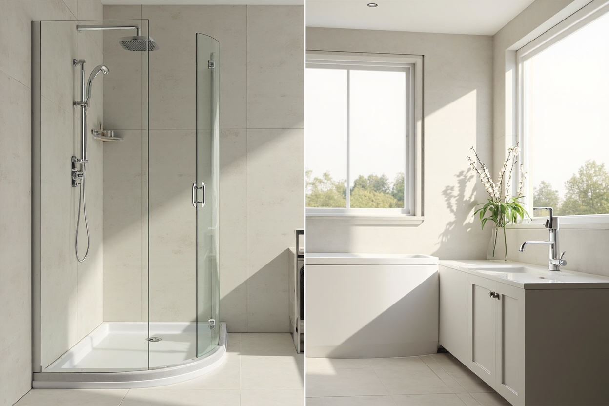 Photoreal bathroom showing both a walk-in shower and a bath